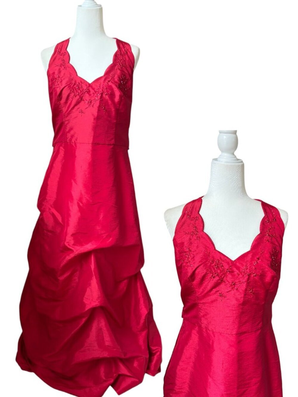 Vintage Y2K Red Taffeta Full Skirt Beaded Halter Gown Size 14 Prom Formal